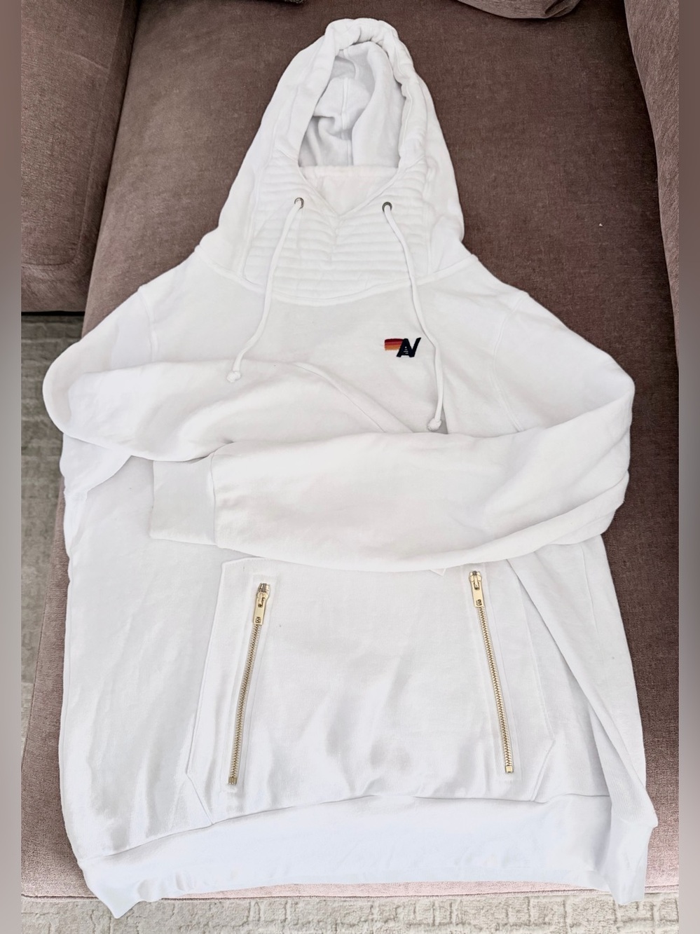 Aviator Nation Ninja Hoodie White Gold Zip Pockets Size L Pullover Sweatshirt